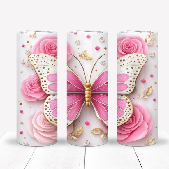 Pretty in Pink Butterfly 20oz Tumbler, Travel Mug Gift - Picture 1 of 3